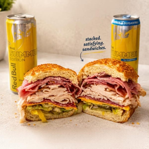 Two halves of a large deli sandwich, packed with meats, cheese, and vegetables, next to two Red Bull cans.