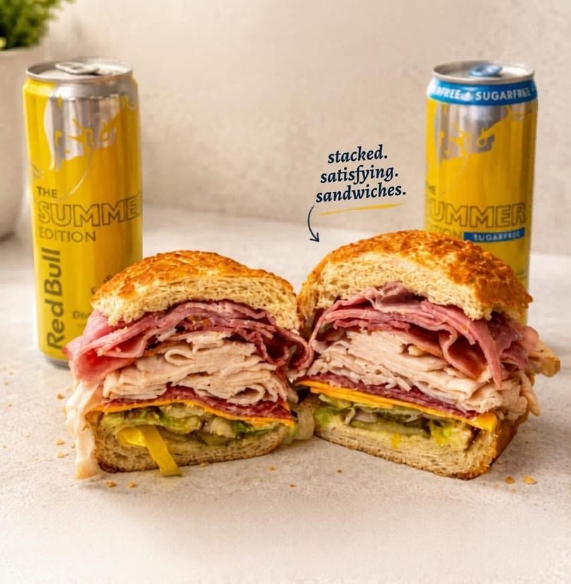 Two halves of a large deli sandwich, packed with meats, cheese, and vegetables, next to two Red Bull cans.